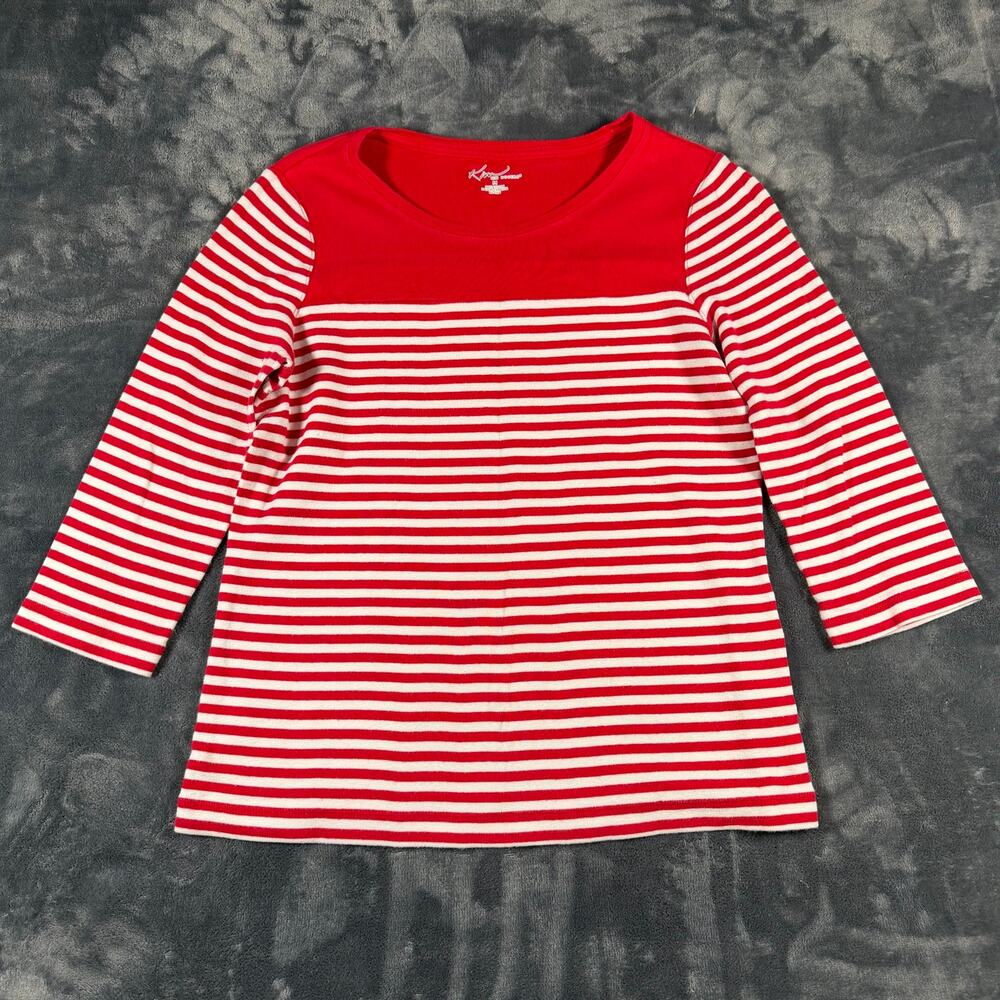 Kim Rogers Red White Striped Colorblock 3/4 Sleeve Cotton Top Medium